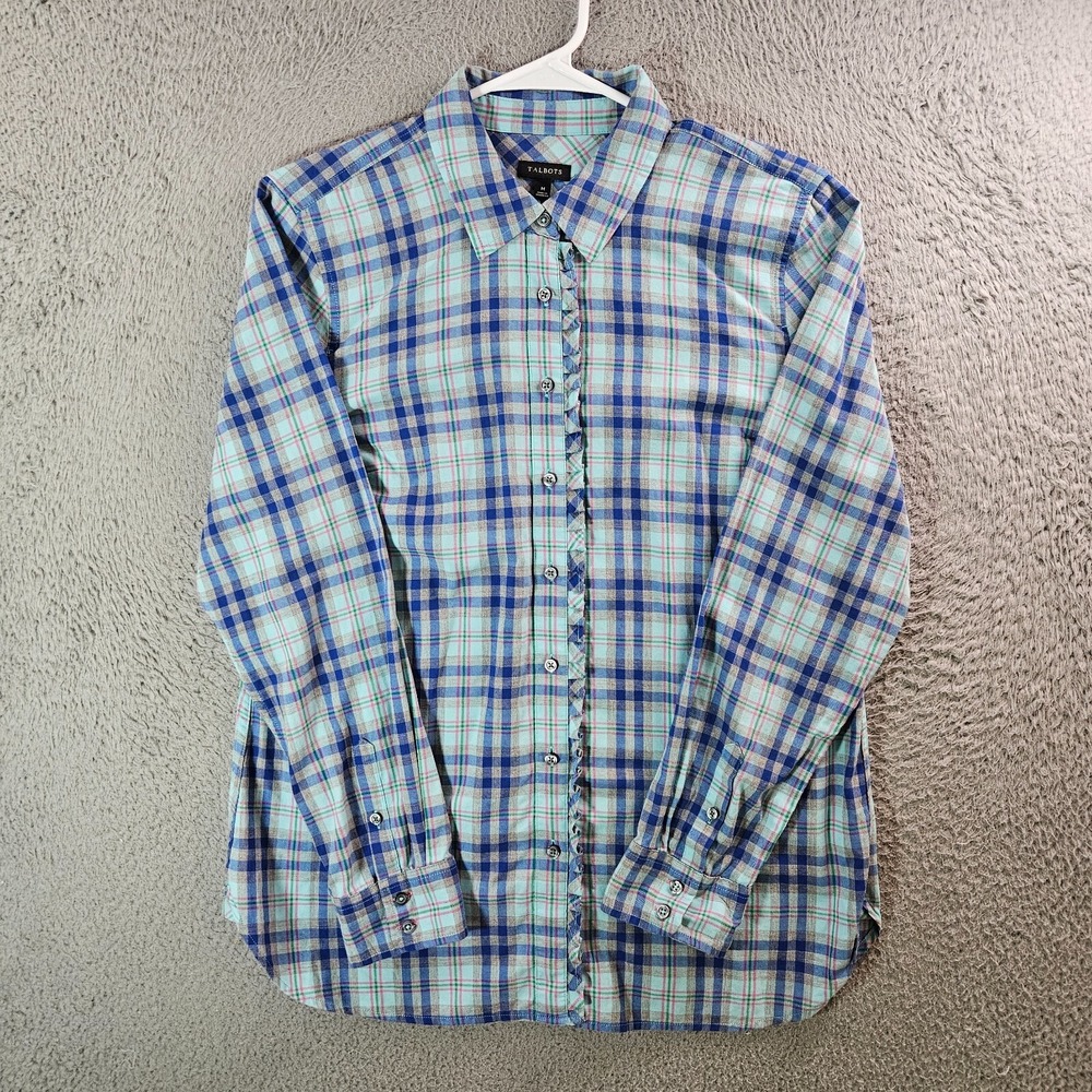 Talbots Shirt Top Women Medium Ruffle Trim Button Up‎ Blue Green Plaid